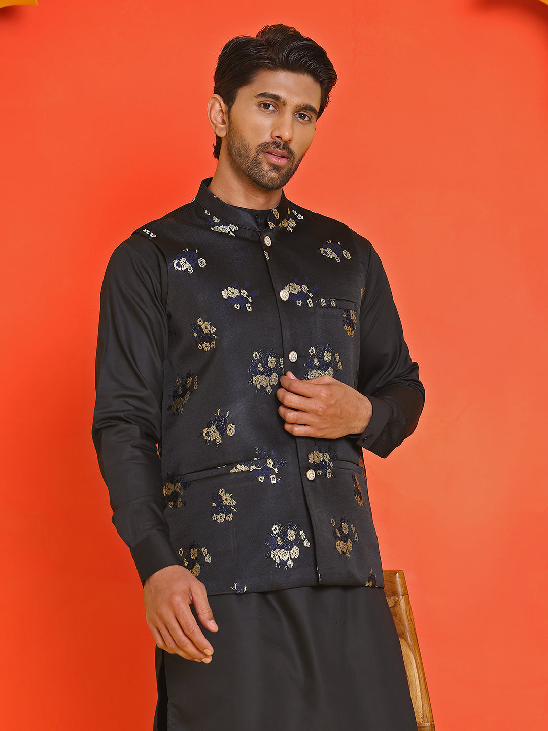 Embossed Nehru Jacket With Solid Kurta Pyjama ( JOKPWC 592B 4130 Black )