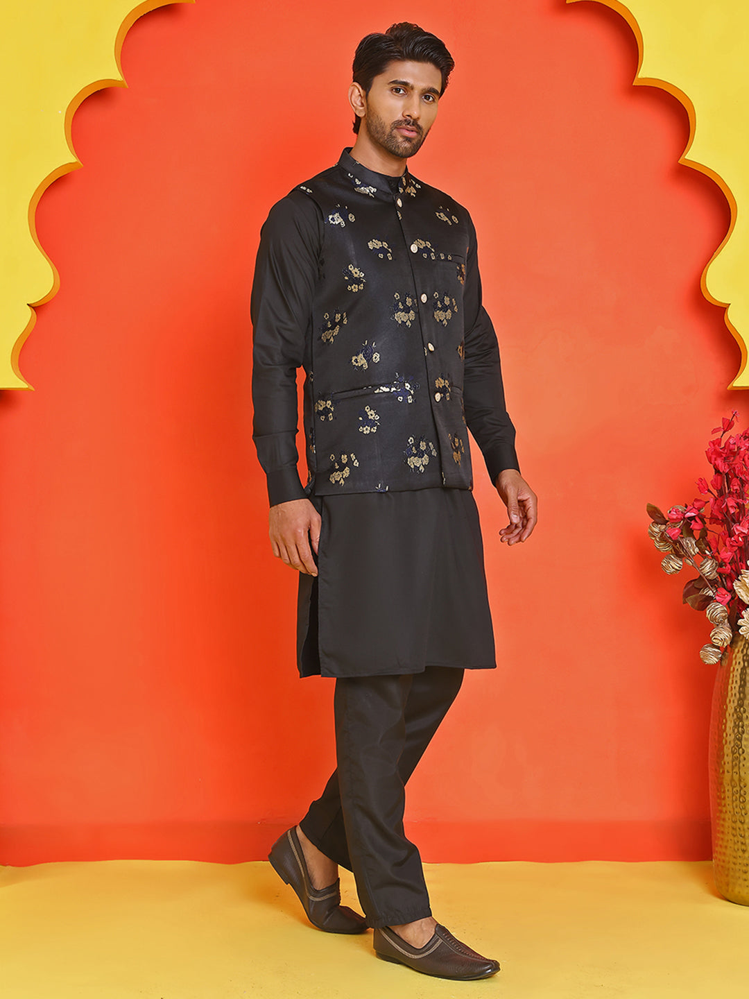 Embossed Nehru Jacket With Solid Kurta Pyjama ( JOKPWC 592B 4130 Black )