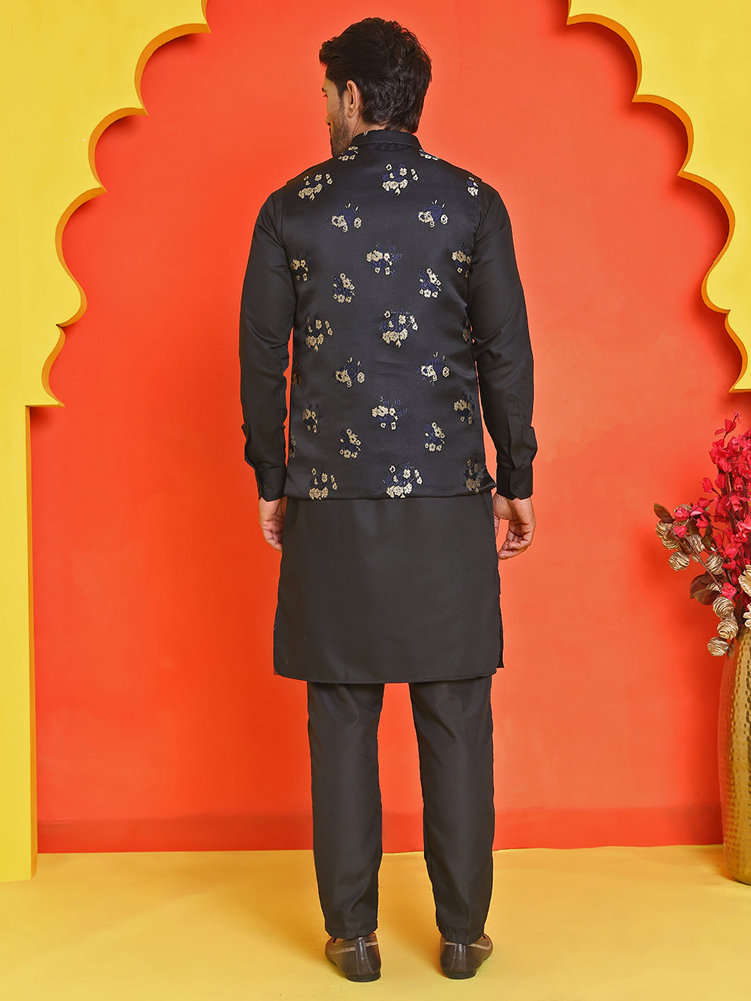 Embossed Nehru Jacket With Solid Kurta Pyjama ( JOKPWC 592B 4130 Black )