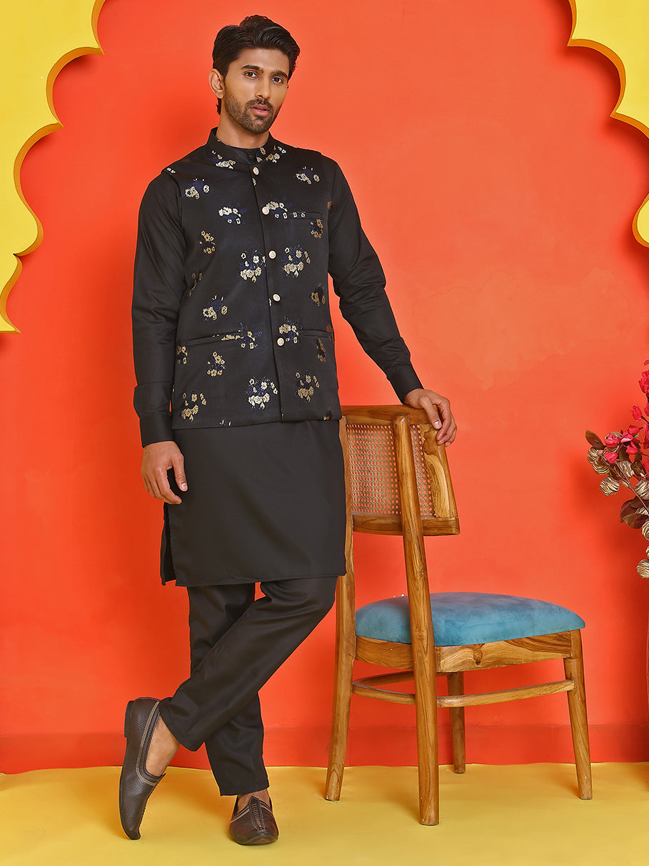 Embossed Nehru Jacket With Solid Kurta Pyjama ( JOKPWC 592B 4130 Black )