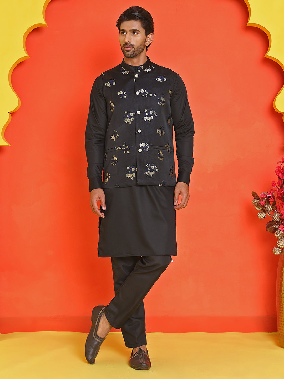 Embossed Nehru Jacket With Solid Kurta Pyjama ( JOKPWC 592B 4130 Black )