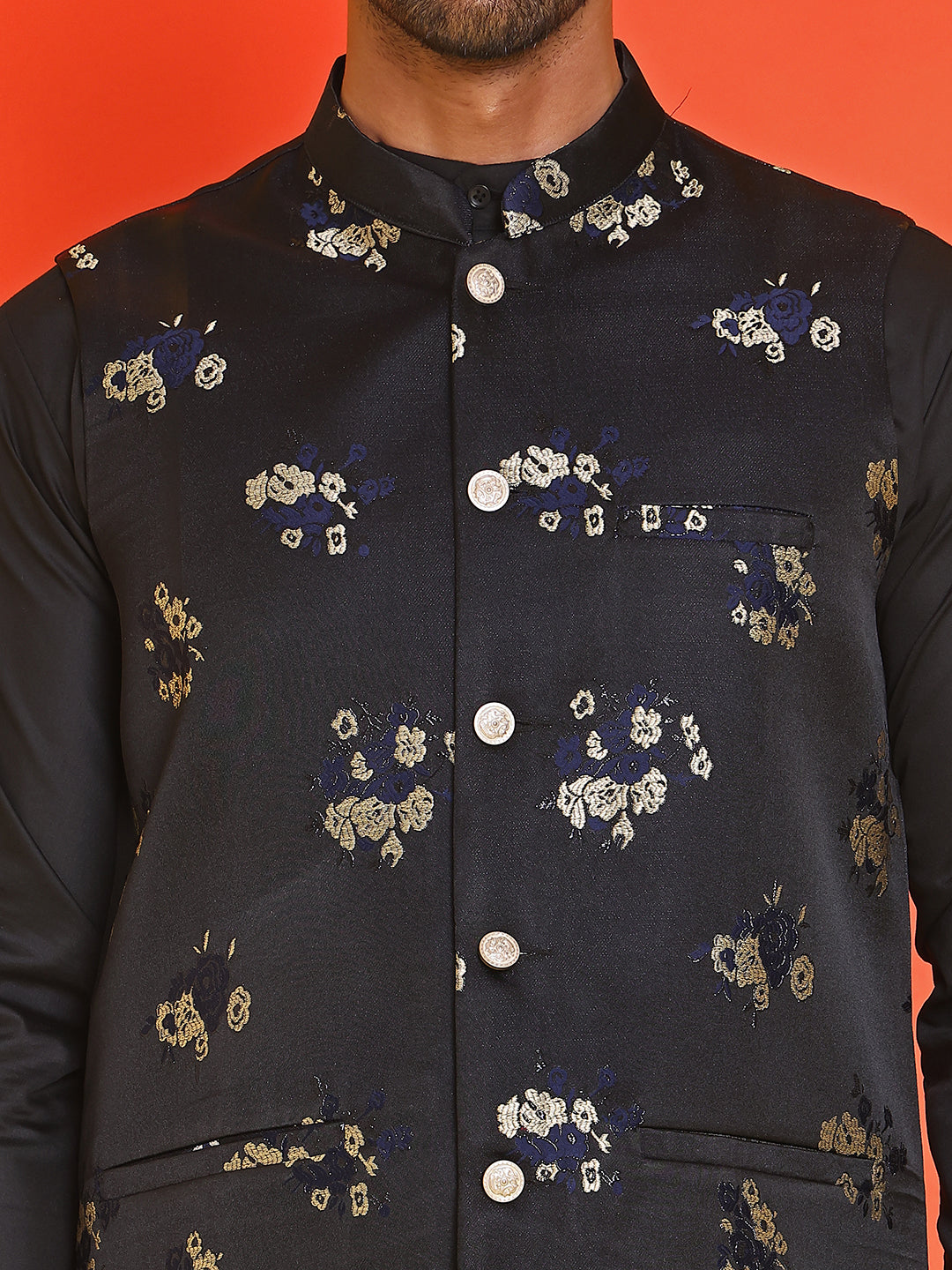 Embossed Nehru Jacket With Solid Kurta Pyjama ( JOKPWC 592B 4130 Black )
