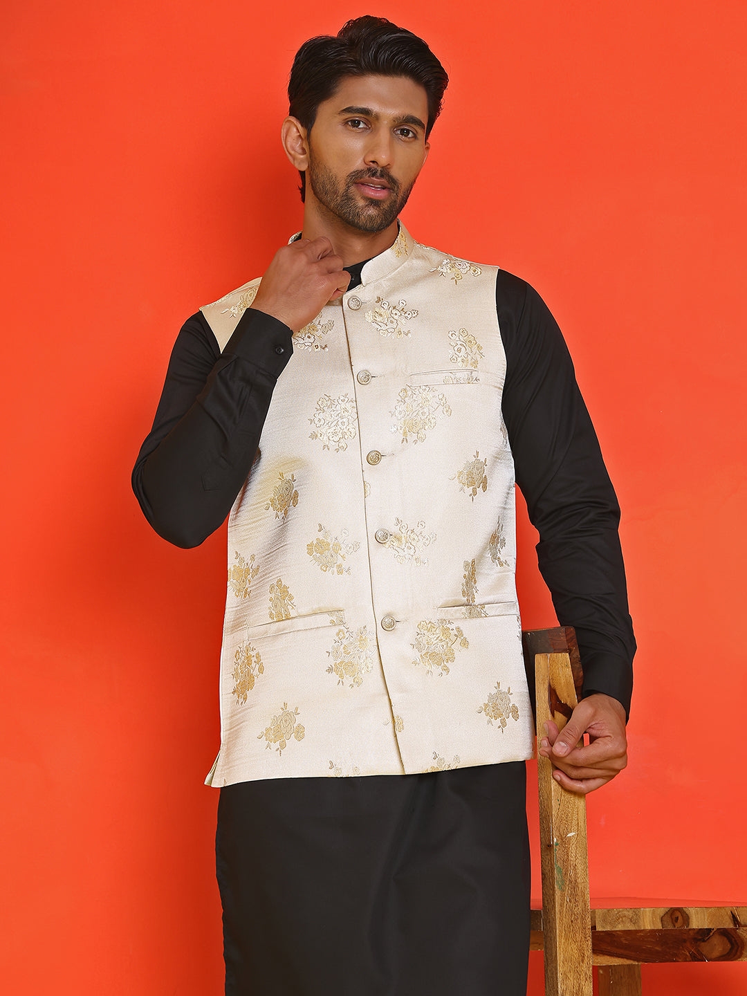Embossed Nehru Jacket With Solid Kurta Pyjama ( JOKPWC 592B 4130 Cream )