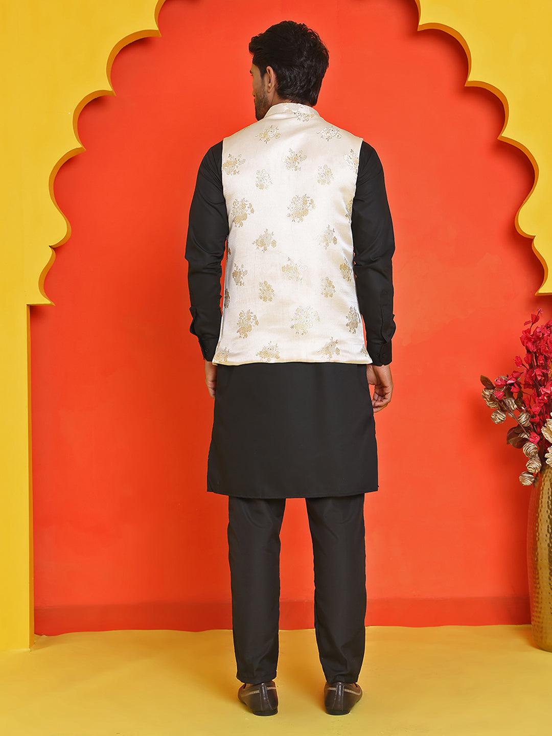 Embossed Nehru Jacket With Solid Kurta Pyjama ( JOKPWC 592B 4130 Cream )