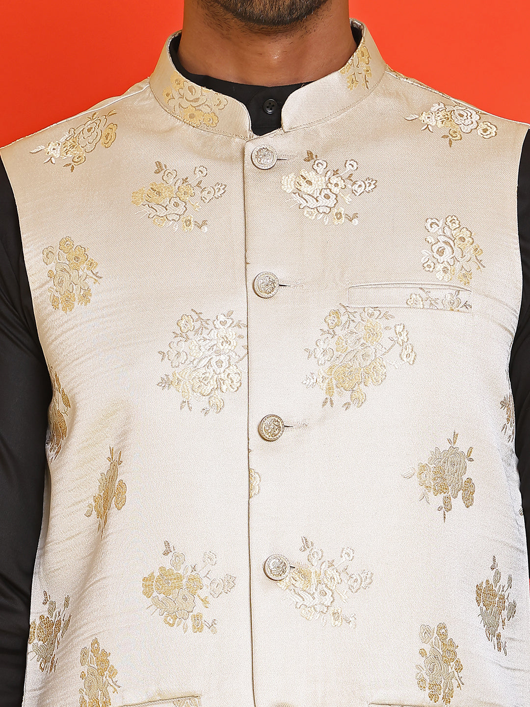 Embossed Nehru Jacket With Solid Kurta Pyjama ( JOKPWC 592B 4130 Cream )