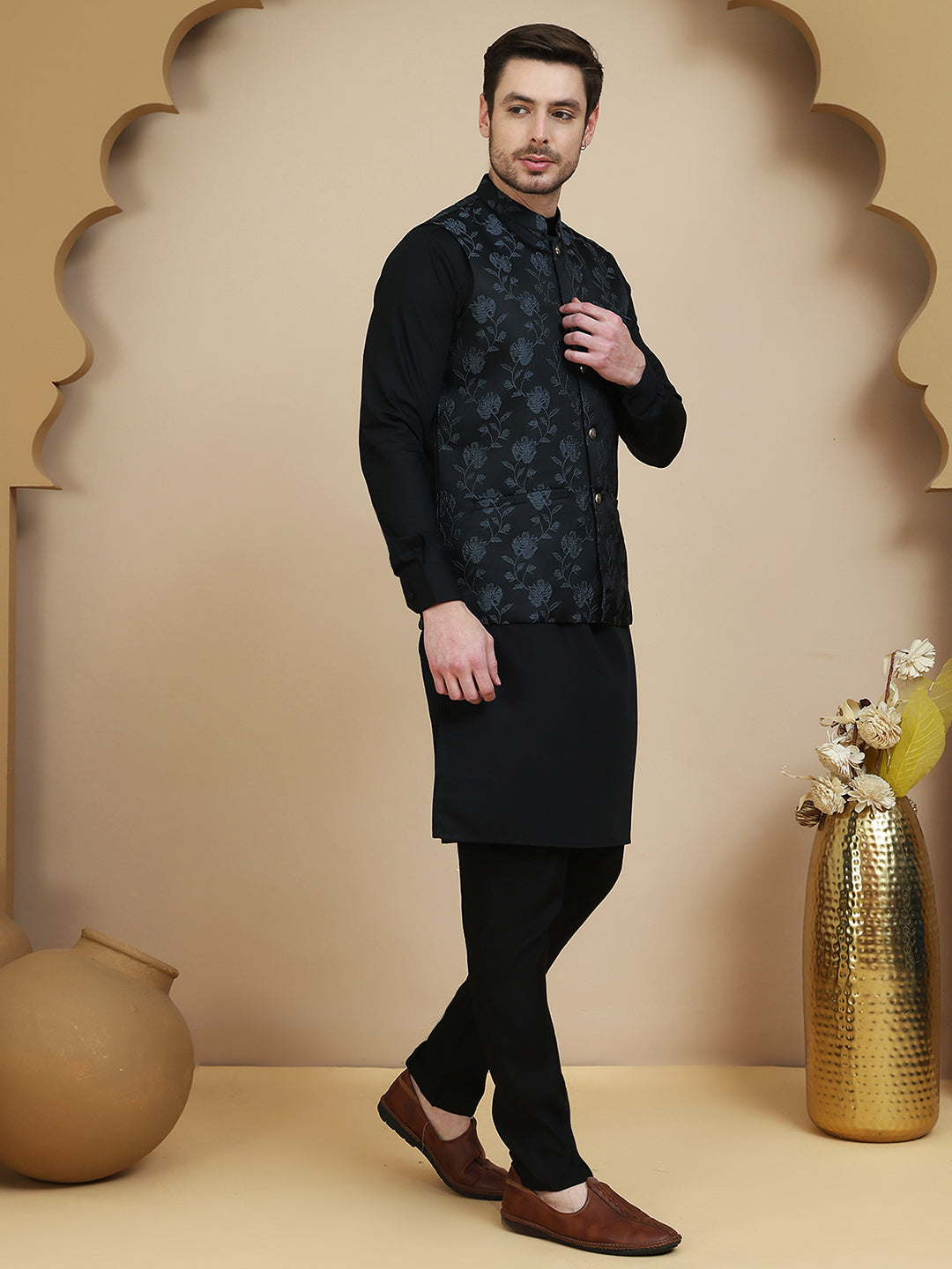 Embossed Nehru Jacket with Solid Kurta Set for Men ( JOKPWC 592B 4133 Grey )