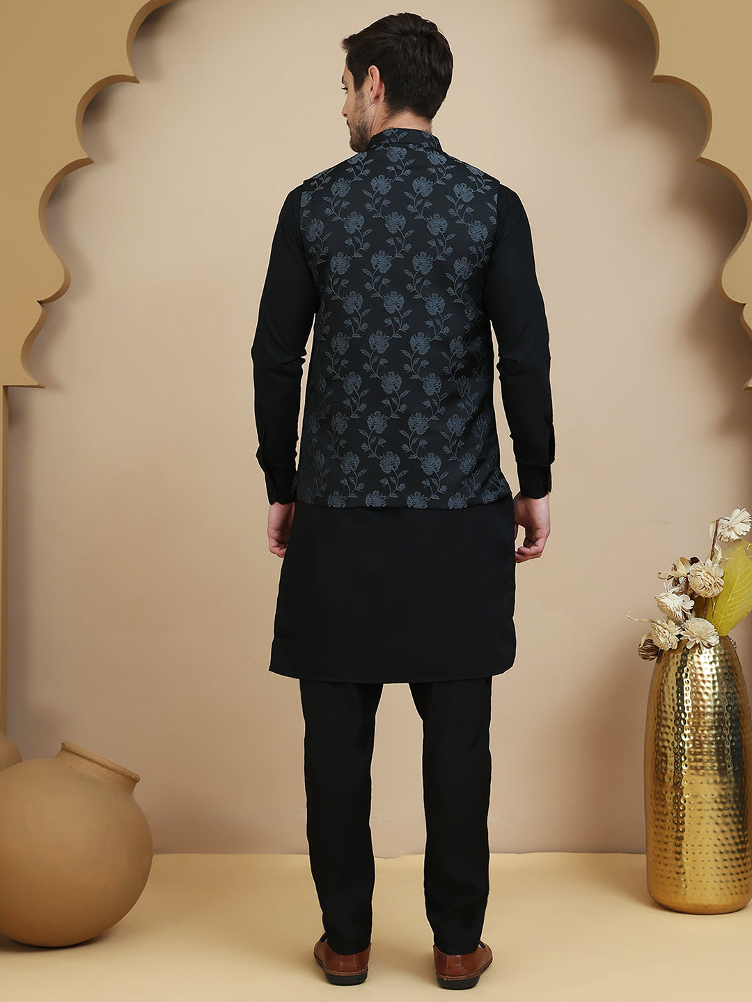 Embossed Nehru Jacket with Solid Kurta Set for Men ( JOKPWC 592B 4133 Grey )
