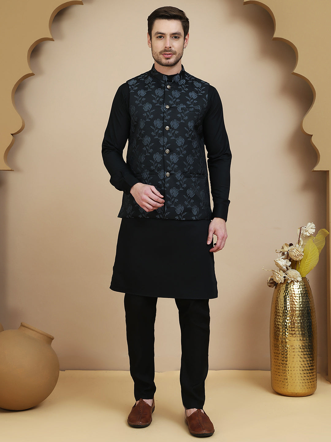 Embossed Nehru Jacket with Solid Kurta Set for Men ( JOKPWC 592B 4133 Grey )