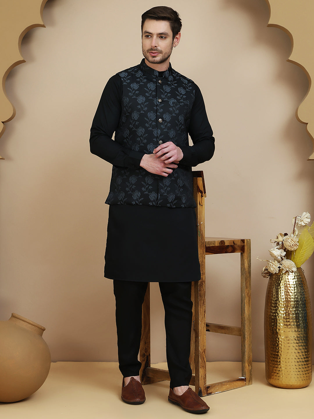 Embossed Nehru Jacket with Solid Kurta Set for Men ( JOKPWC 592B 4133 Grey )