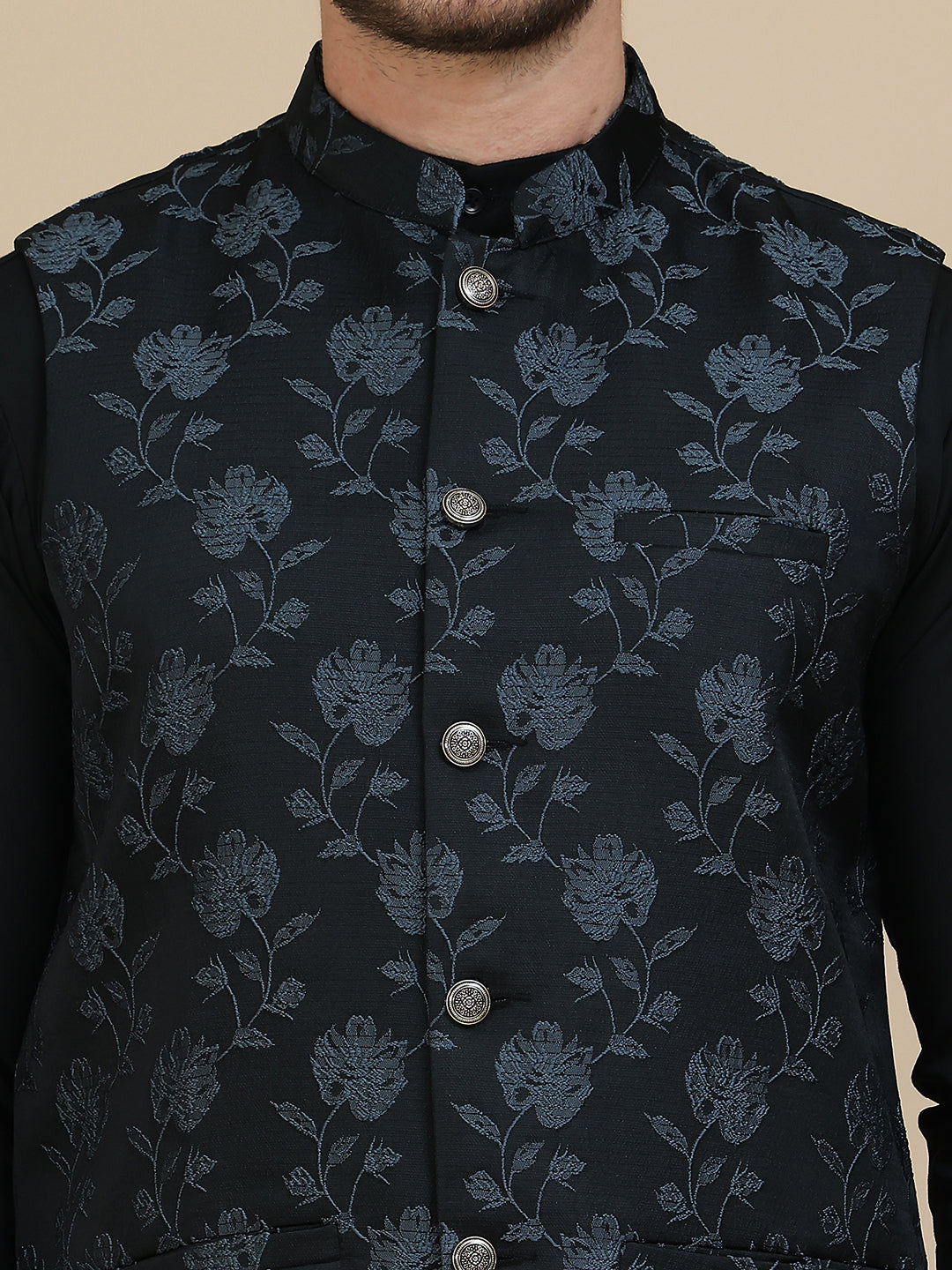 Embossed Nehru Jacket with Solid Kurta Set for Men ( JOKPWC 592B 4133 Grey )