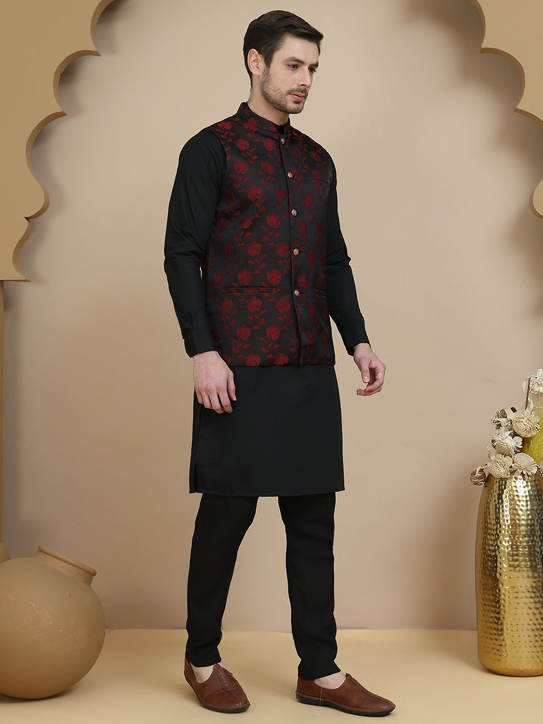 Embossed Nehru Jacket with Solid Kurta Set for Men ( JOKPWC 592B 4133 Maroon )