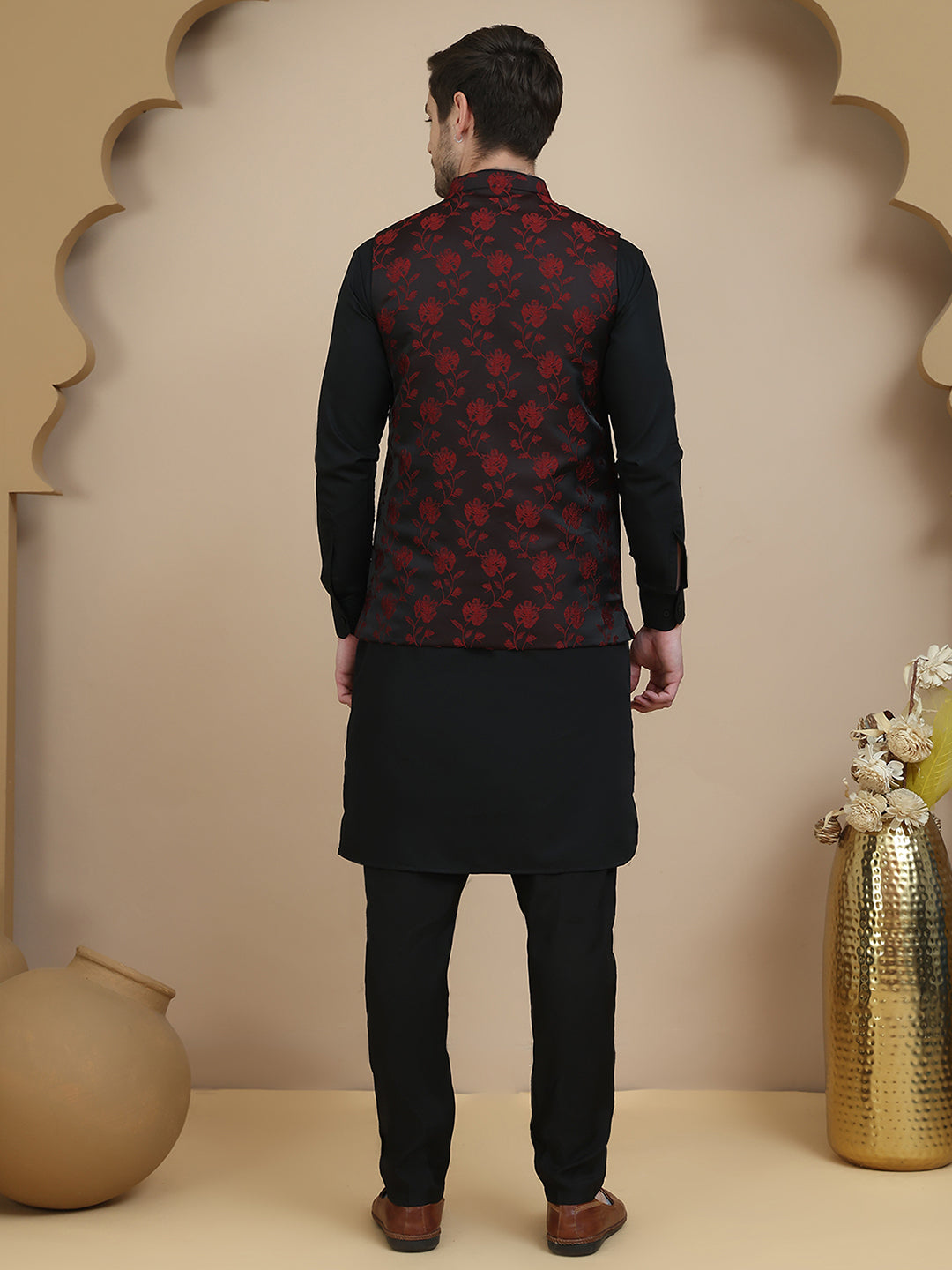 Embossed Nehru Jacket with Solid Kurta Set for Men ( JOKPWC 592B 4133 Maroon )