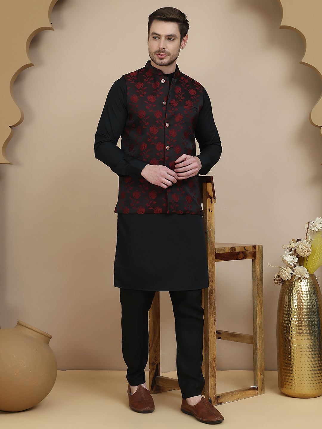 Embossed Nehru Jacket with Solid Kurta Set for Men ( JOKPWC 592B 4133 Maroon )