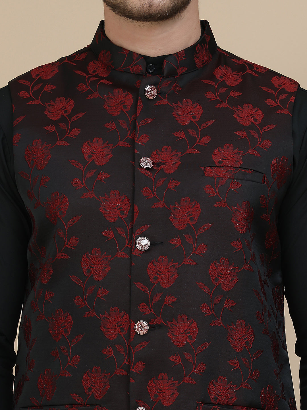 Embossed Nehru Jacket with Solid Kurta Set for Men ( JOKPWC 592B 4133 Maroon )