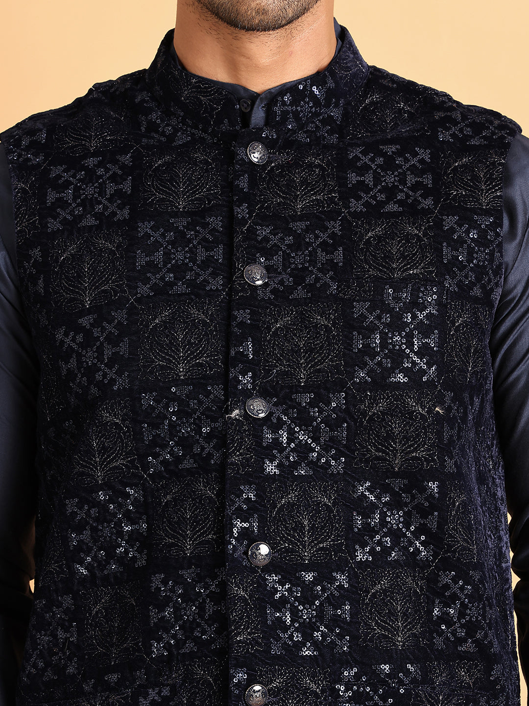 Men's Velvet Nehru Jacket With Solid Kurta Pyjama ( JOKPWC 592N 4118Navy )