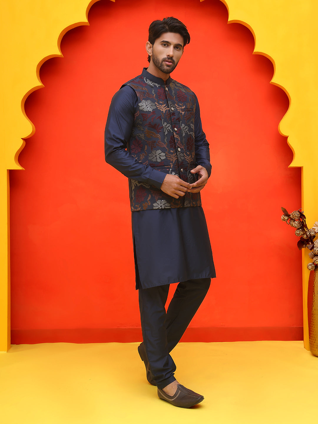 Embroidered Nehru Jacket With Solid Kurta Pyjama ( JOKPWC 592N 4127 Navy )