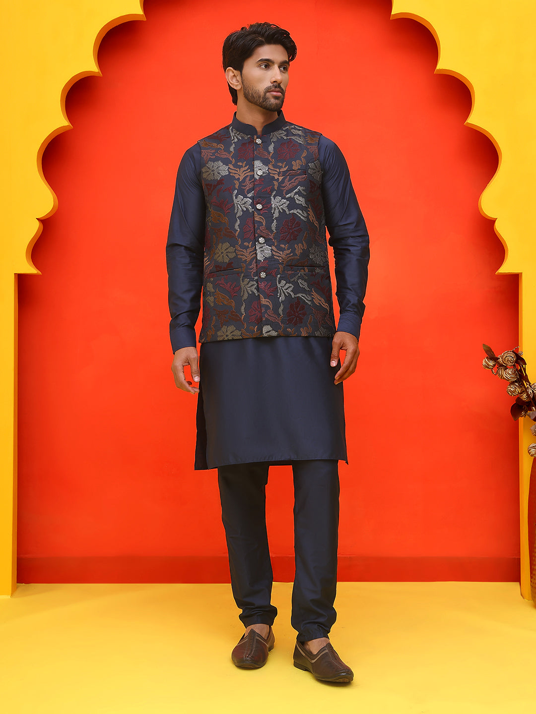 Embroidered Nehru Jacket With Solid Kurta Pyjama ( JOKPWC 592N 4127 Navy )