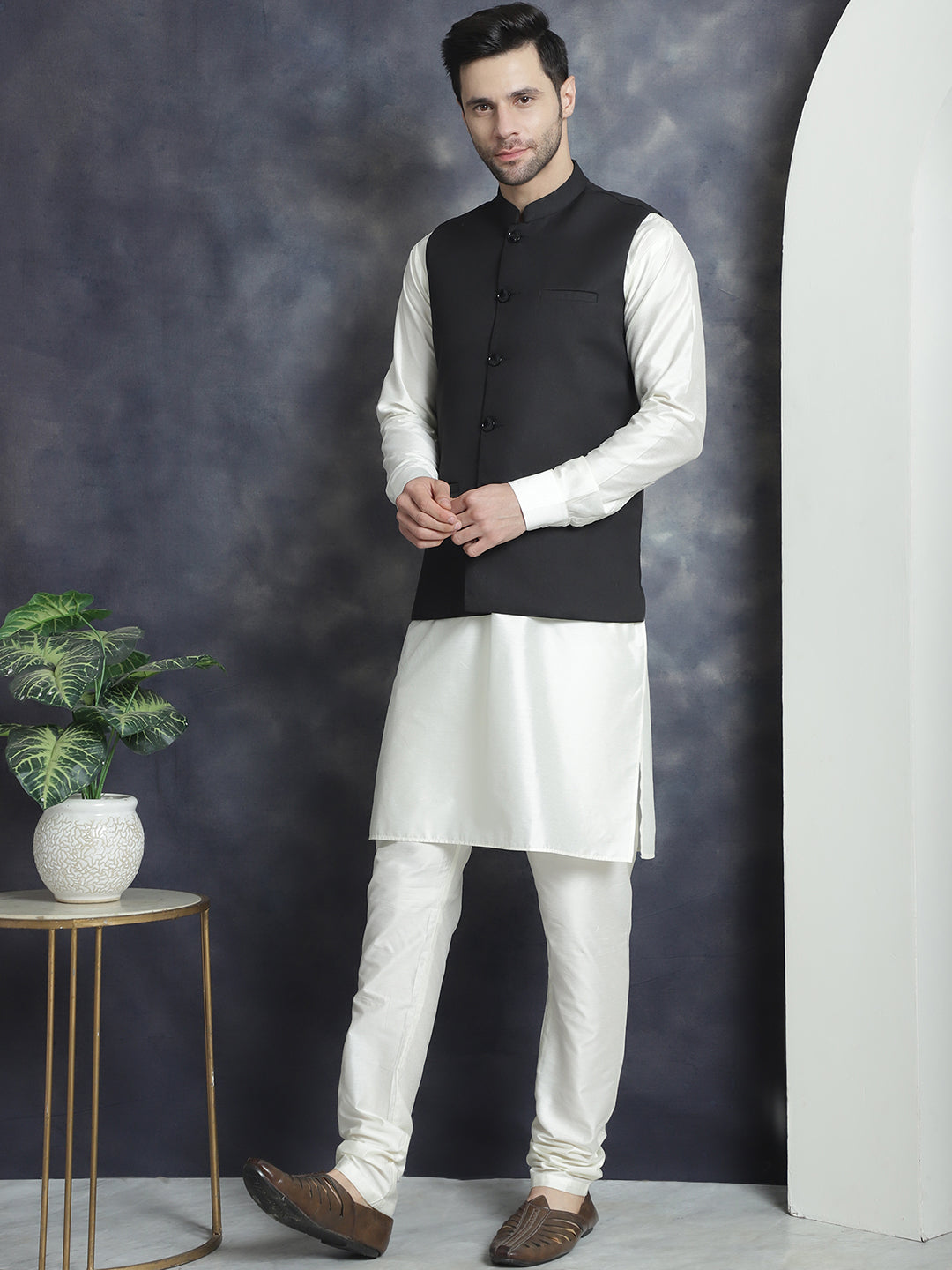 Men's Solid Nehru Jacket with White Kurta & Churidar ( JOKPWC 592W 4046Black )
