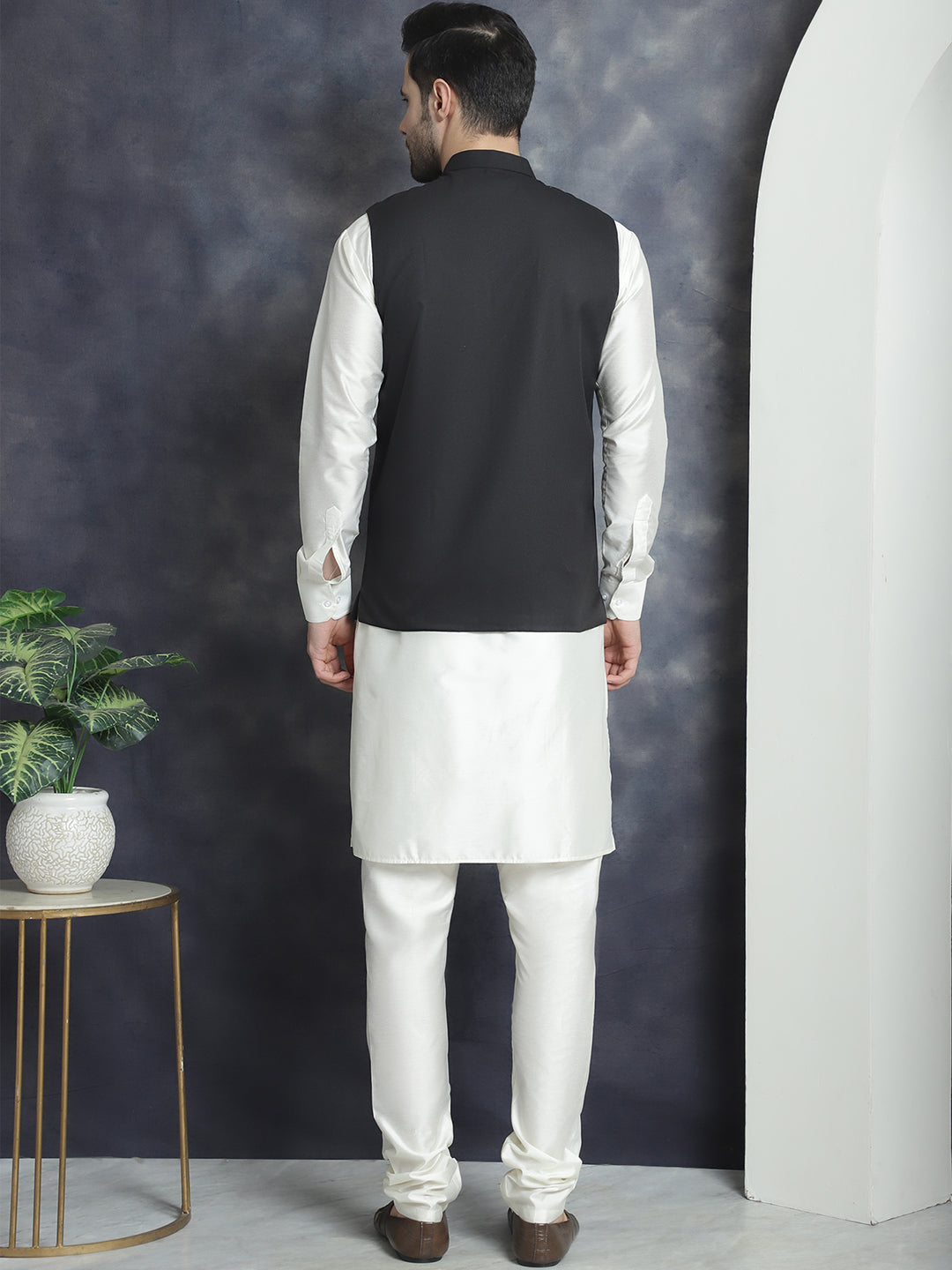 Men's Solid Nehru Jacket with White Kurta & Churidar ( JOKPWC 592W 4046Black )