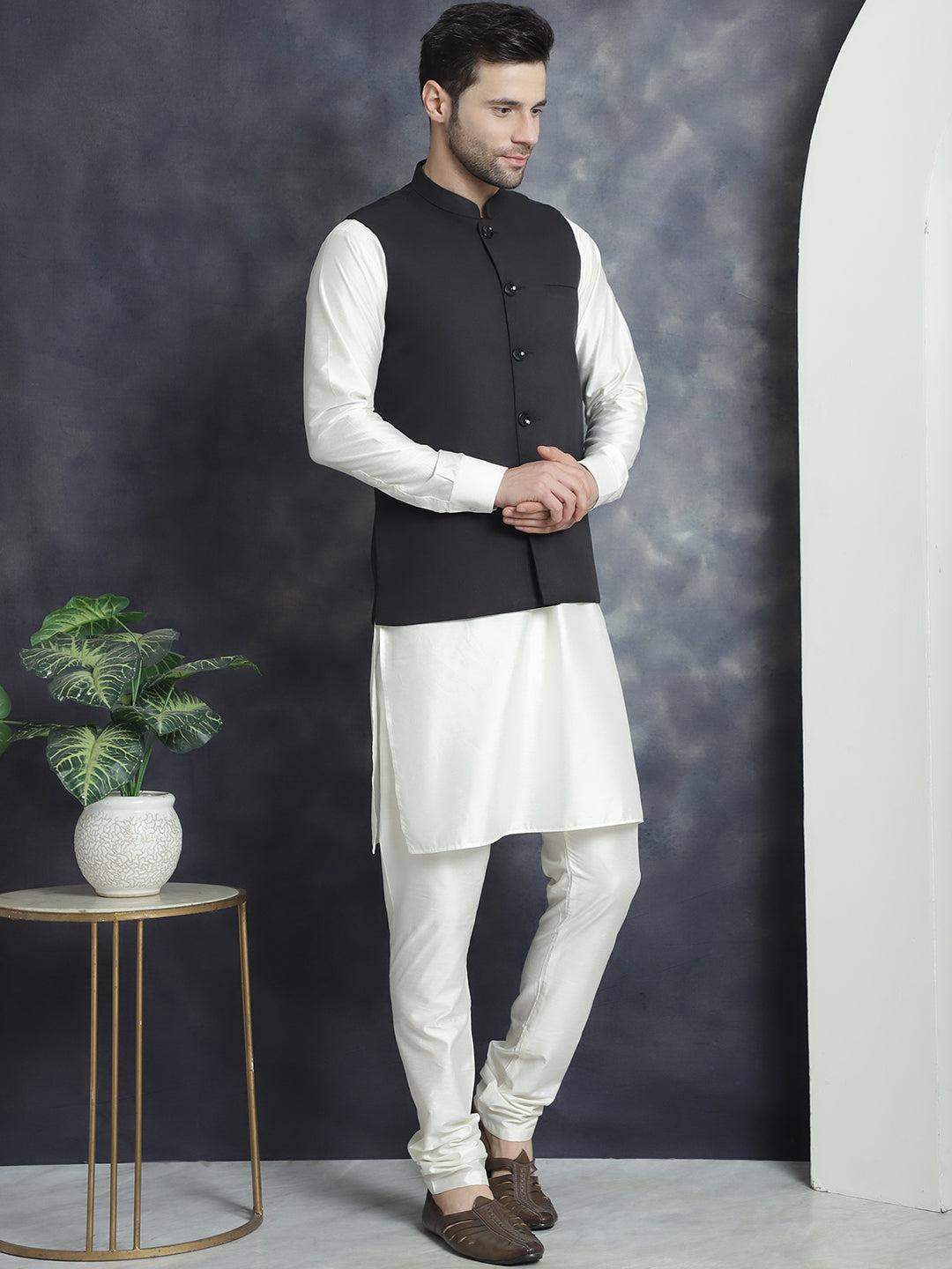 Men's Solid Nehru Jacket with White Kurta & Churidar ( JOKPWC 592W 4046Black )