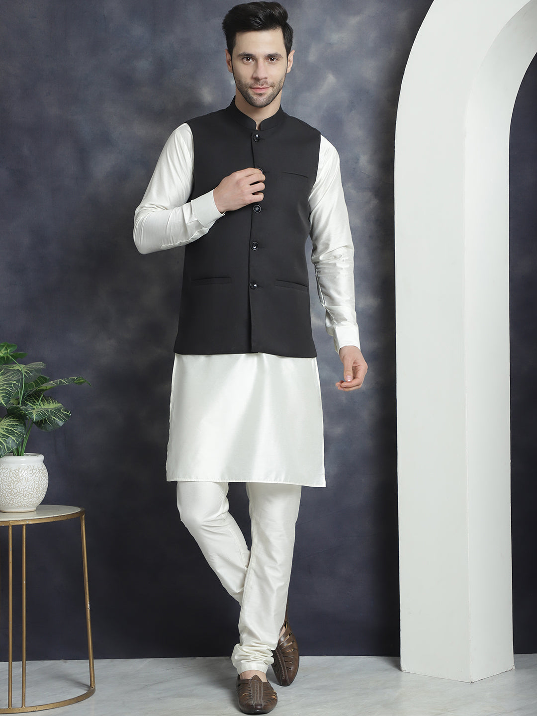 Men's Solid Nehru Jacket with White Kurta & Churidar ( JOKPWC 592W 4046Black )