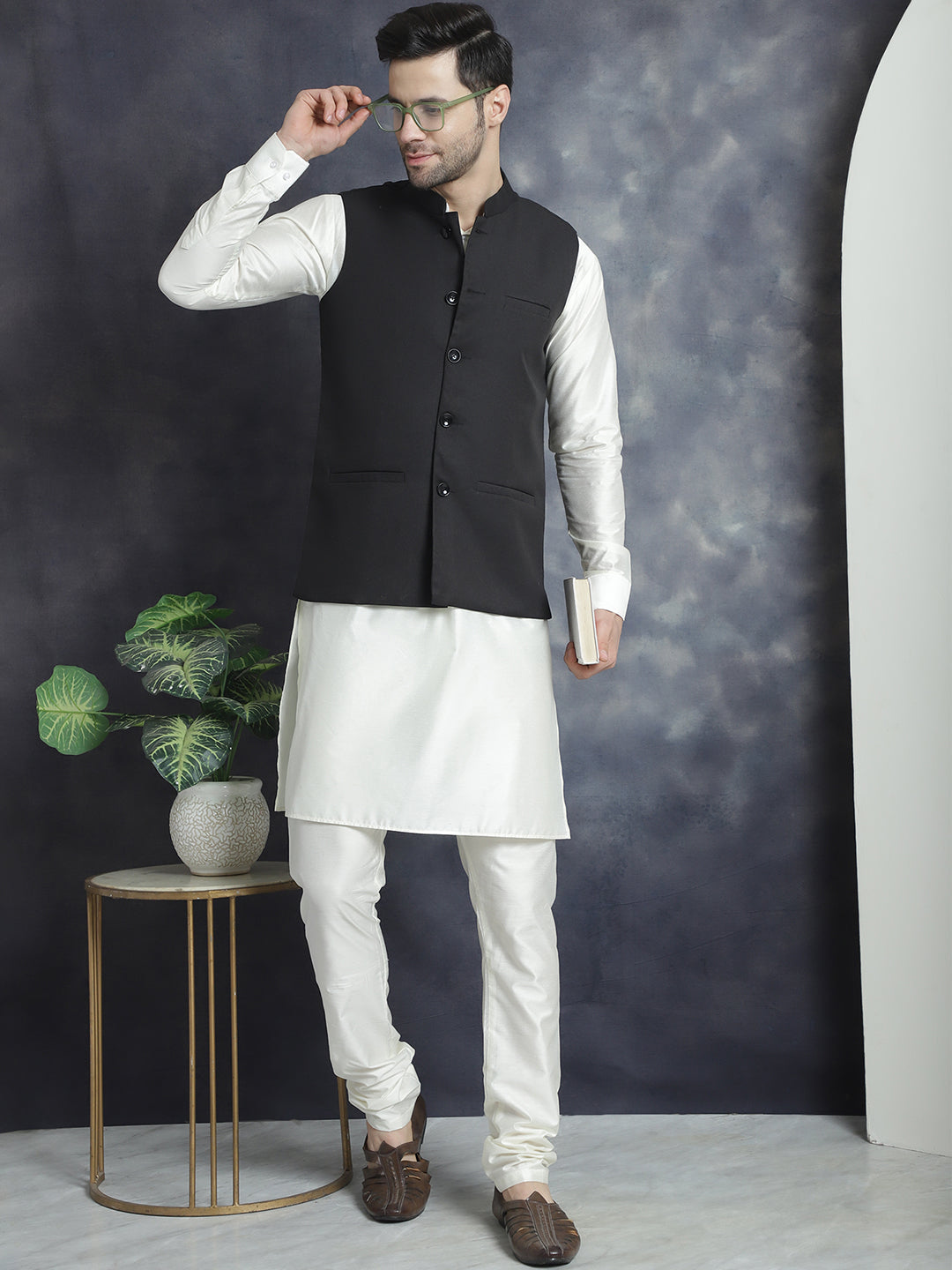Men's Solid Nehru Jacket with White Kurta & Churidar ( JOKPWC 592W 4046Black )