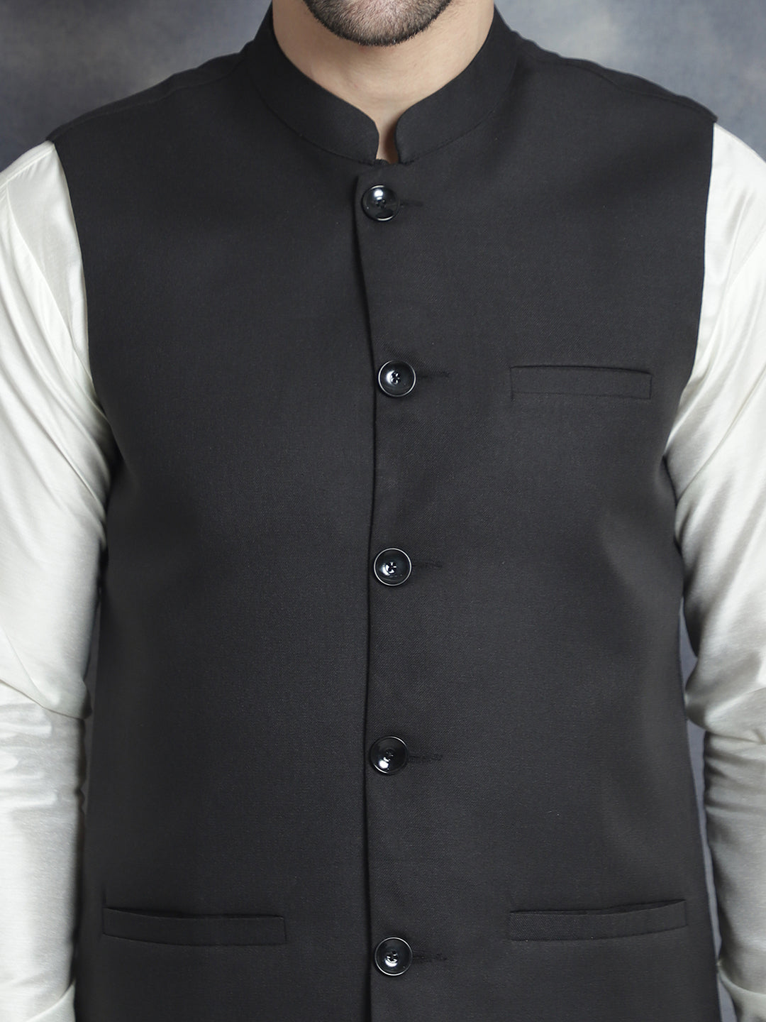 Men's Solid Nehru Jacket with White Kurta & Churidar ( JOKPWC 592W 4046Black )