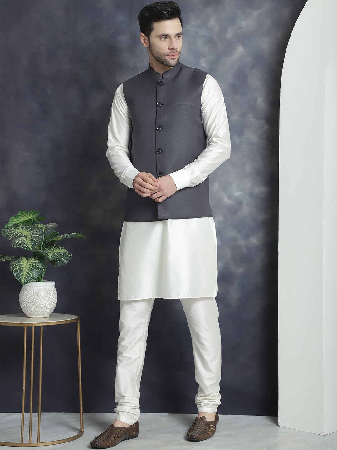 Men's Solid Nehru Jacket with White Kurta & Churidar ( JOKPWC 592W 4046Charcoal )