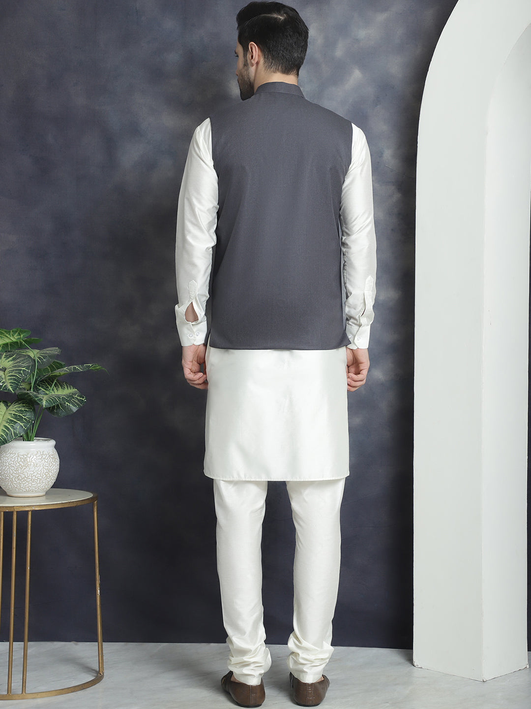 Men's Solid Nehru Jacket with White Kurta & Churidar ( JOKPWC 592W 4046Charcoal )
