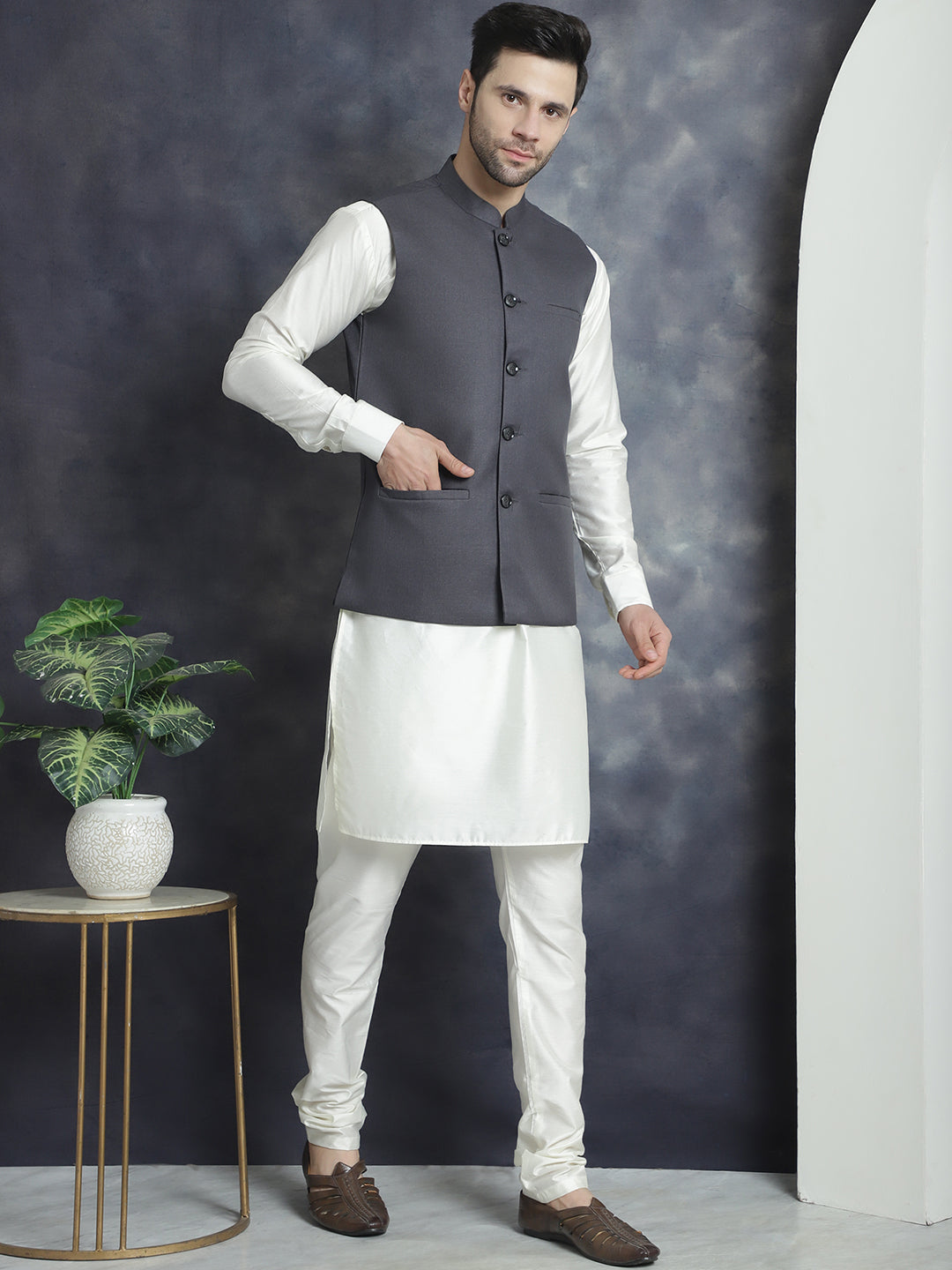 Men's Solid Nehru Jacket with White Kurta & Churidar ( JOKPWC 592W 4046Charcoal )