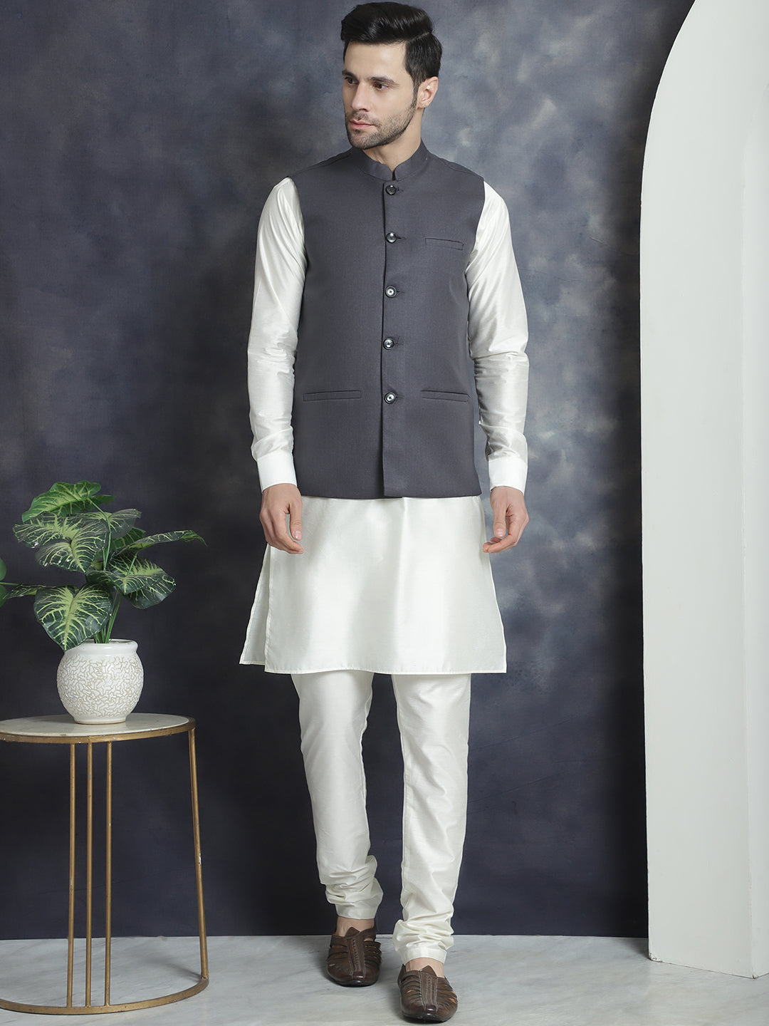 Men's Solid Nehru Jacket with White Kurta & Churidar ( JOKPWC 592W 4046Charcoal )