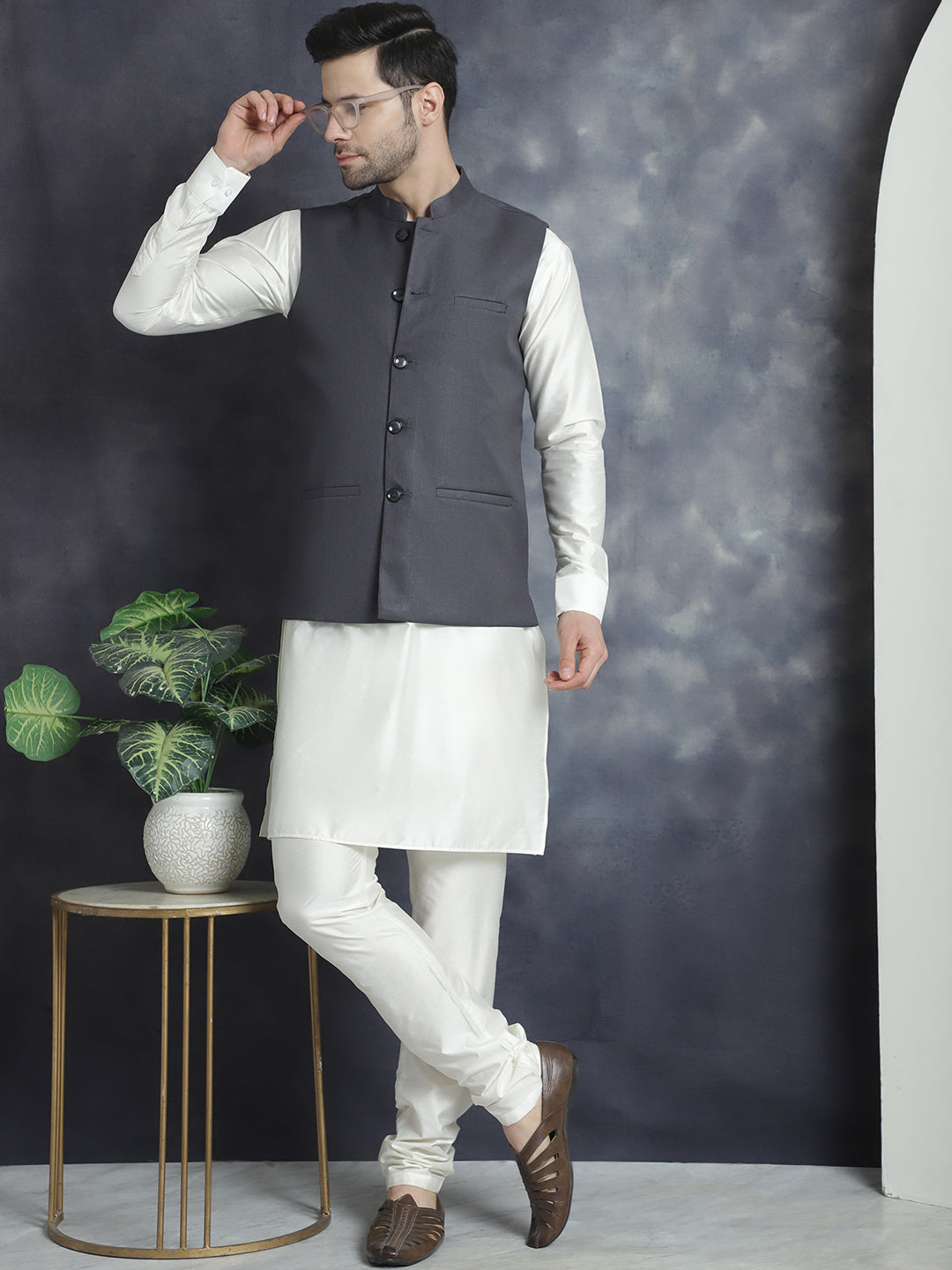 Men's Solid Nehru Jacket with White Kurta & Churidar ( JOKPWC 592W 4046Charcoal )