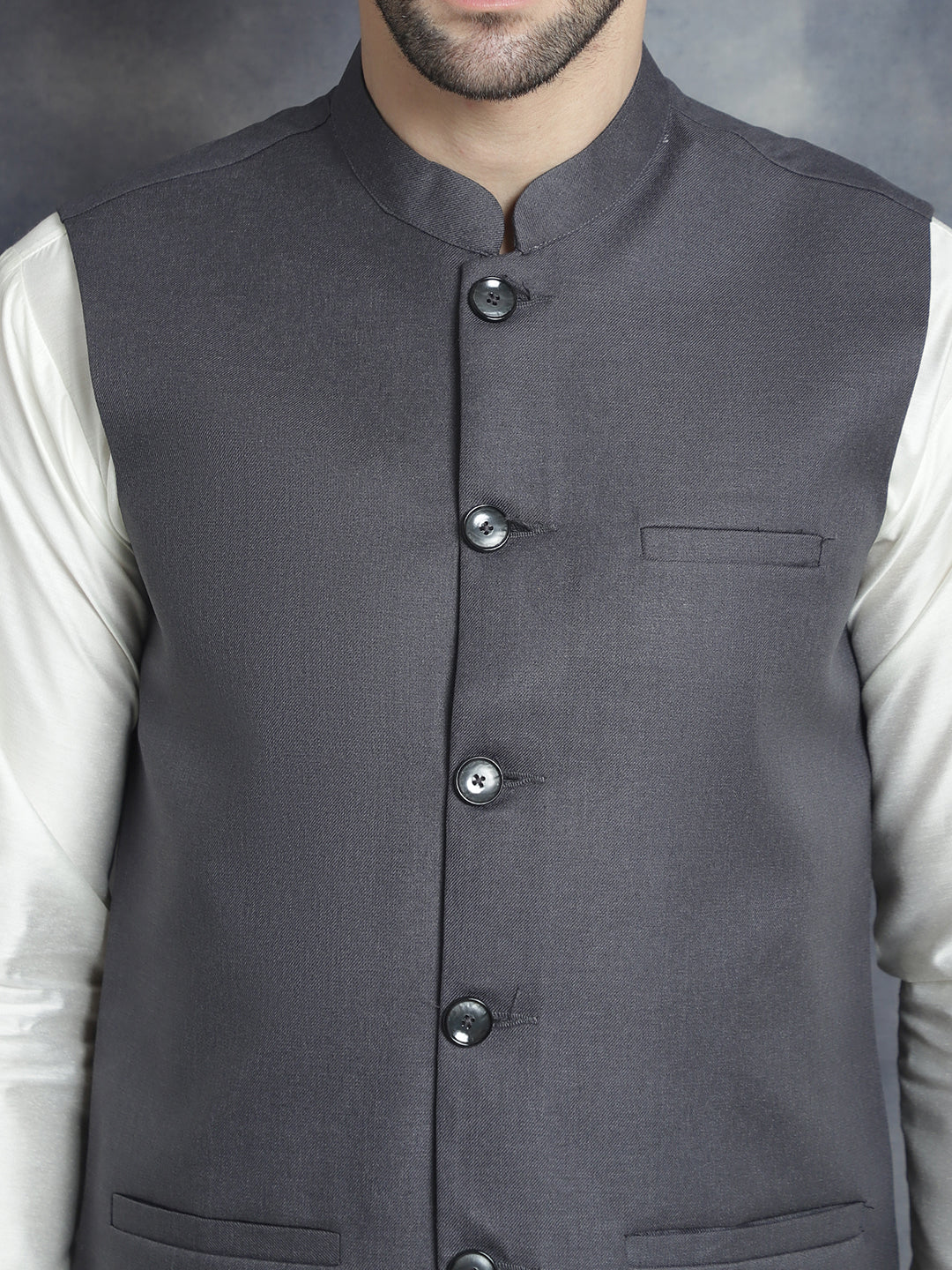 Men's Solid Nehru Jacket with White Kurta & Churidar ( JOKPWC 592W 4046Charcoal )