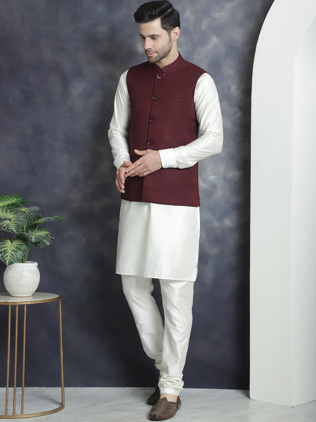 Men's Solid Nehru Jacket with White Kurta & Churidar ( JOKPWC 592W 4046Maroon )
