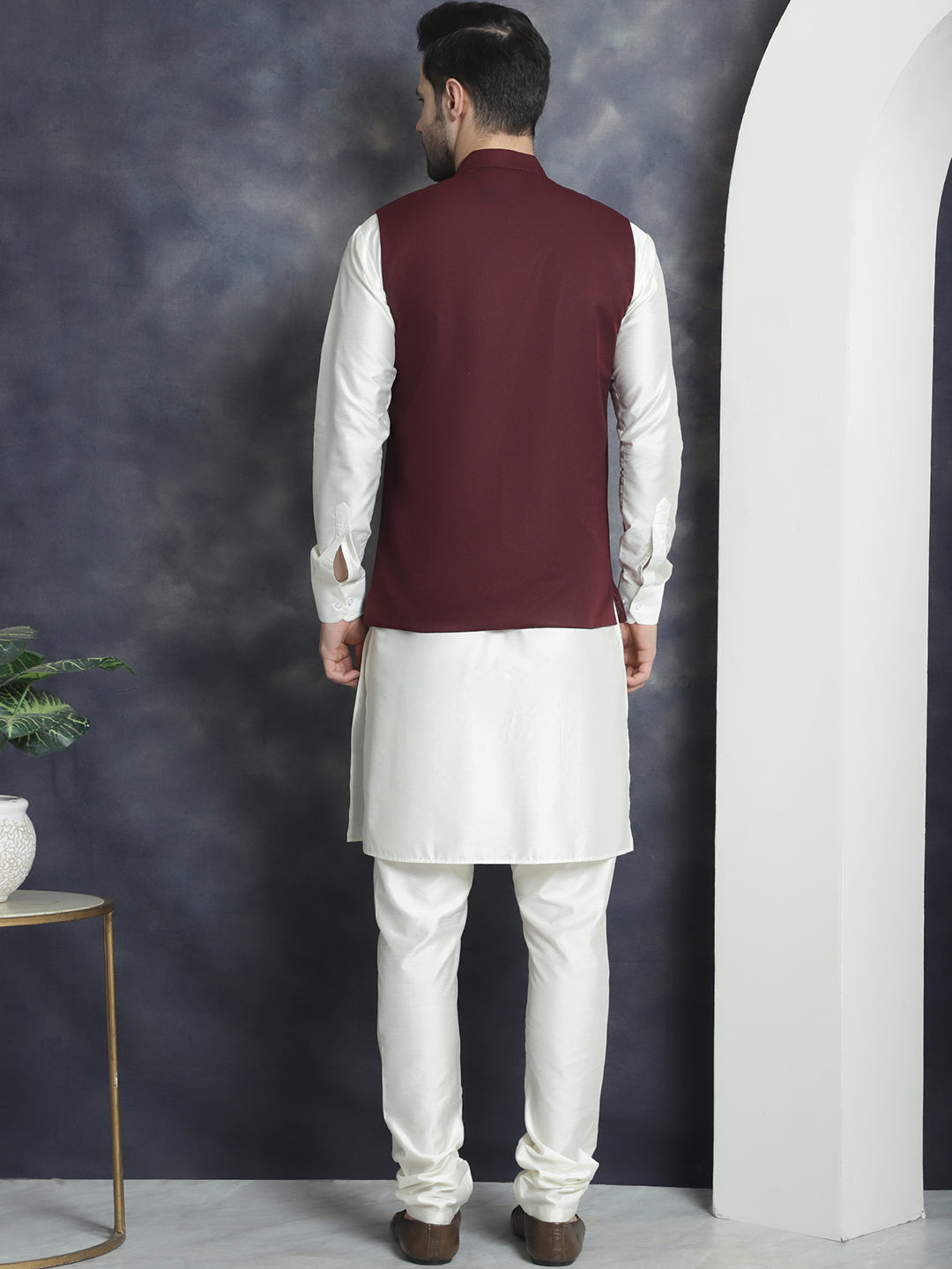 Men's Solid Nehru Jacket with White Kurta & Churidar ( JOKPWC 592W 4046Maroon )