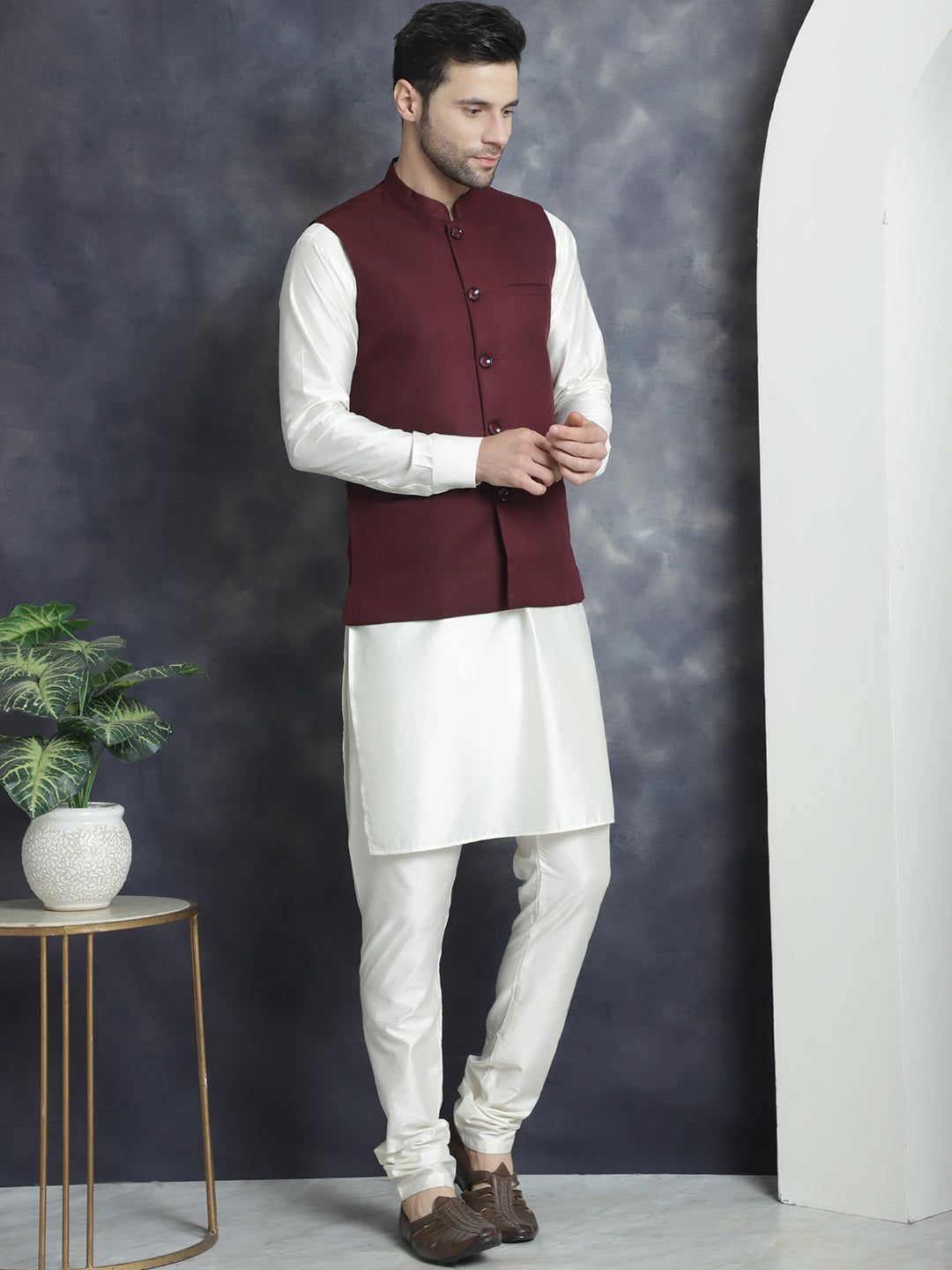 Men's Solid Nehru Jacket with White Kurta & Churidar ( JOKPWC 592W 4046Maroon )