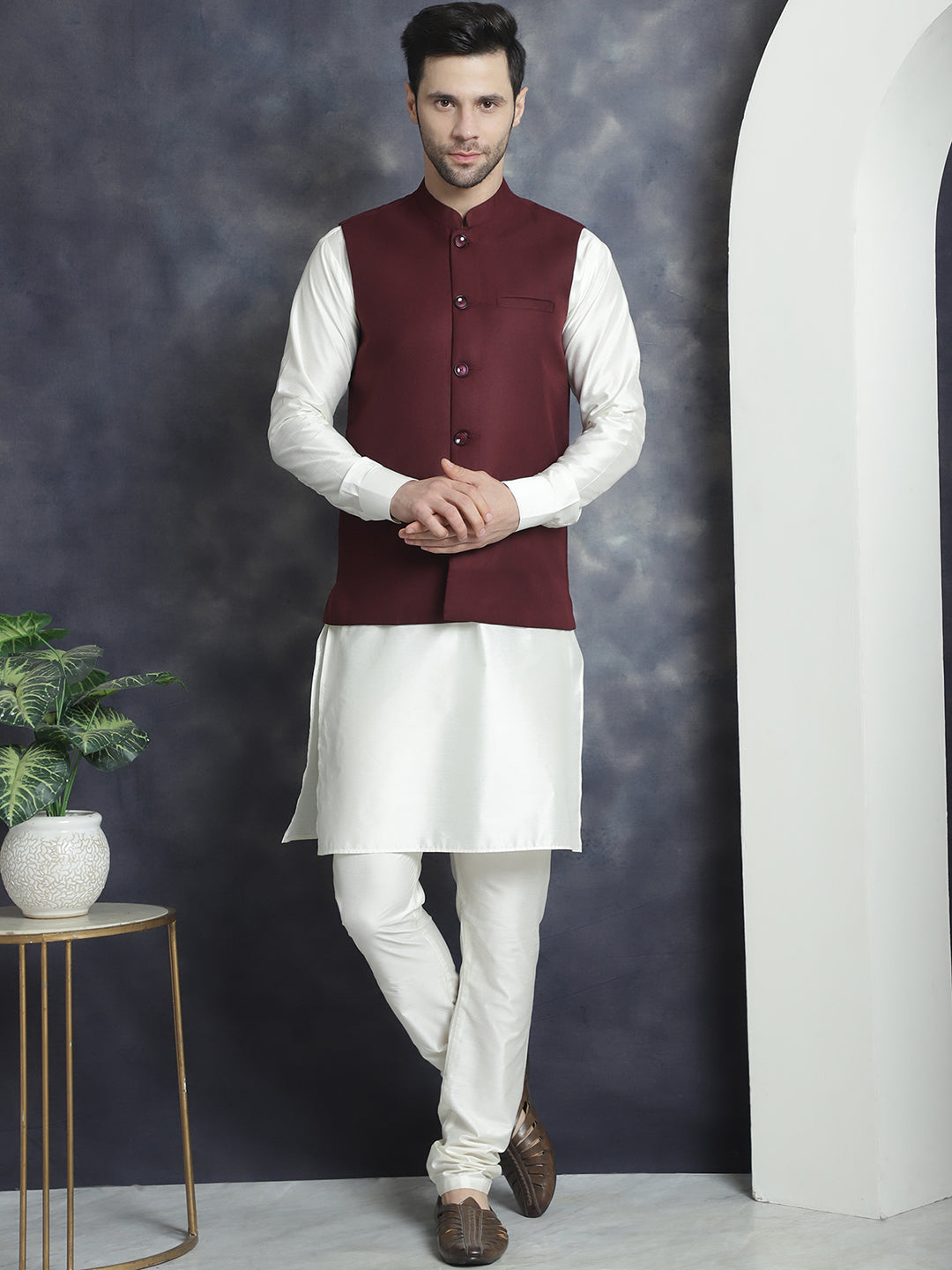 Men's Solid Nehru Jacket with White Kurta & Churidar ( JOKPWC 592W 4046Maroon )