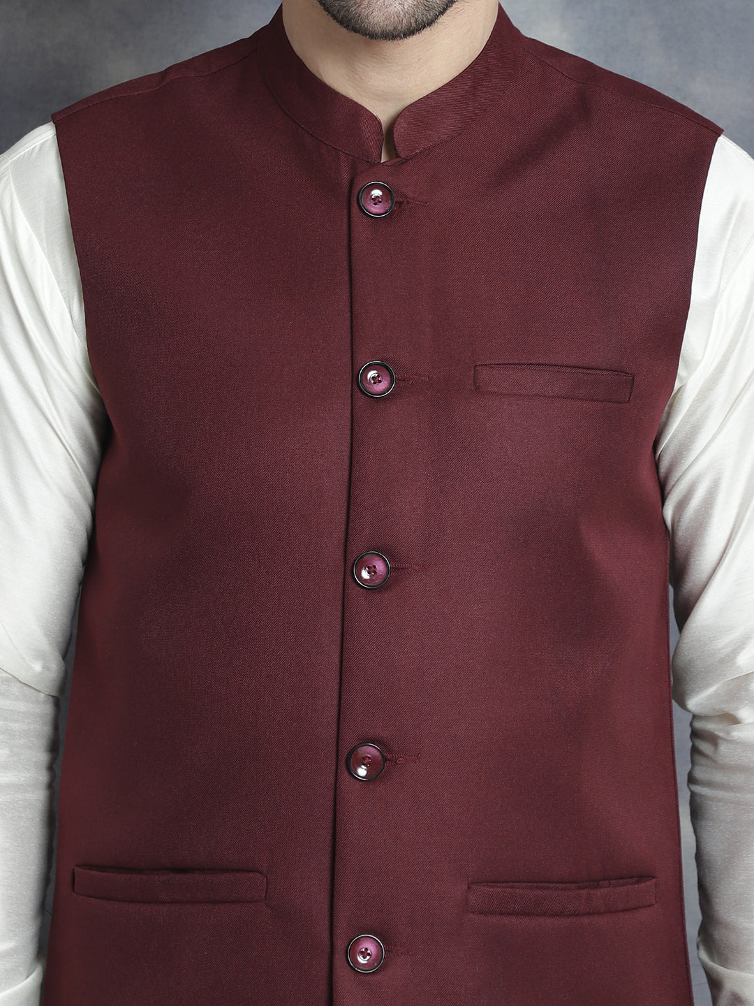 Men's Solid Nehru Jacket with White Kurta & Churidar ( JOKPWC 592W 4046Maroon )