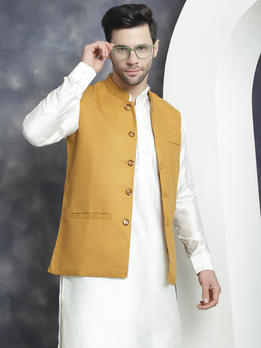 Men's Solid Nehru Jacket with White Kurta & Churidar ( JOKPWC 592W 4046Mustard )
