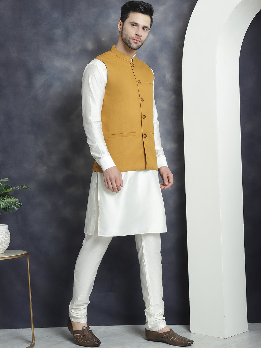 Men's Solid Nehru Jacket with White Kurta & Churidar ( JOKPWC 592W 4046Mustard )