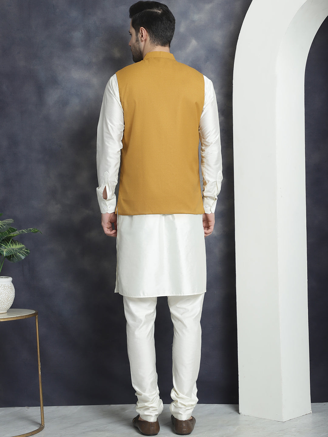 Men's Solid Nehru Jacket with White Kurta & Churidar ( JOKPWC 592W 4046Mustard )