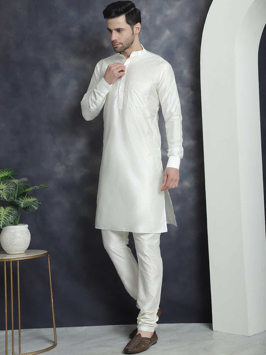 Men's Solid Nehru Jacket with White Kurta & Churidar ( JOKPWC 592W 4046Mustard )