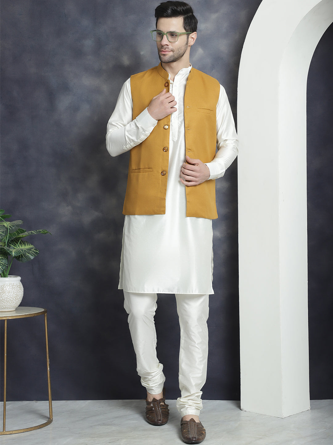 Men's Solid Nehru Jacket with White Kurta & Churidar ( JOKPWC 592W 4046Mustard )