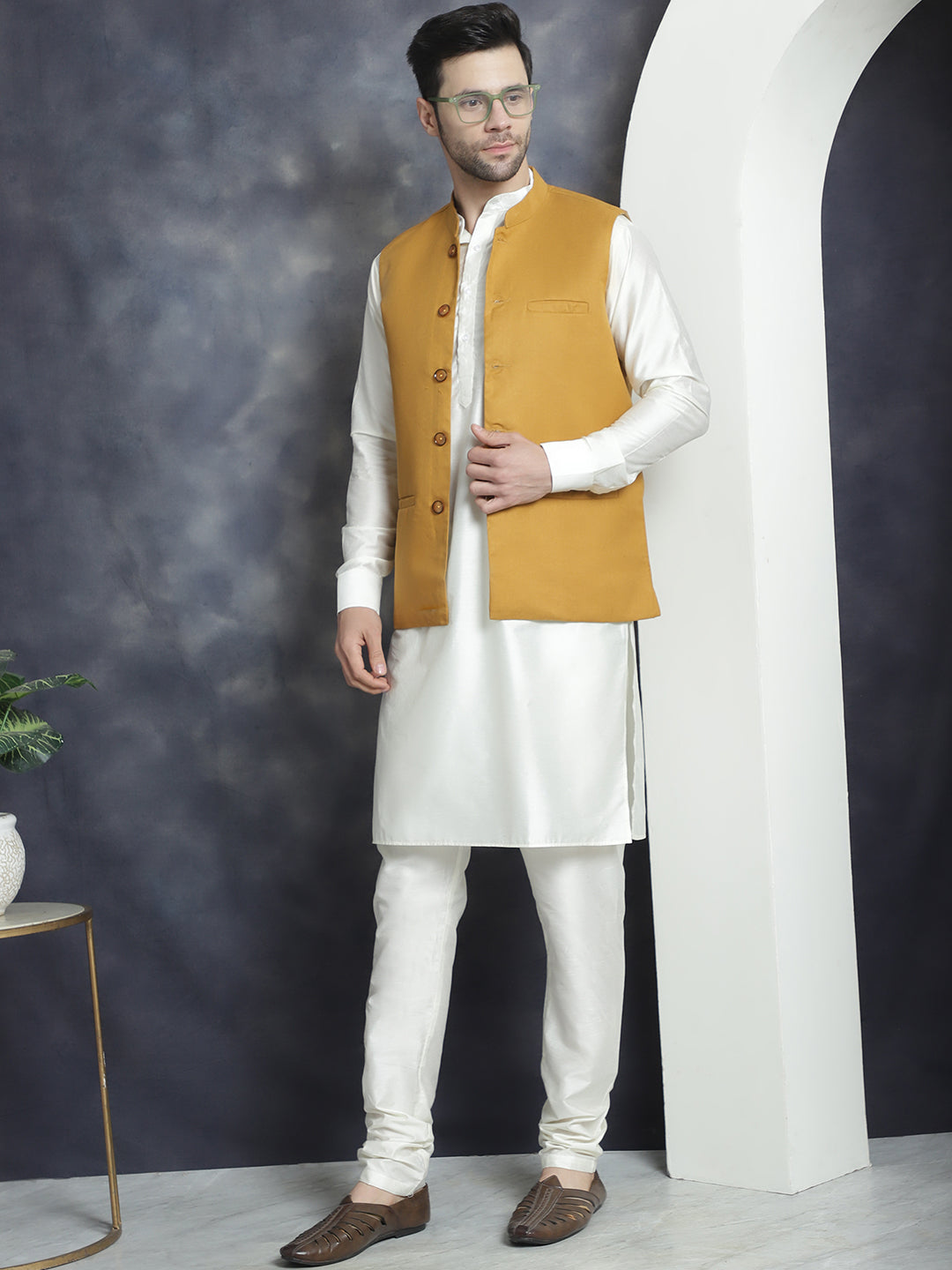 Men's Solid Nehru Jacket with White Kurta & Churidar ( JOKPWC 592W 4046Mustard )
