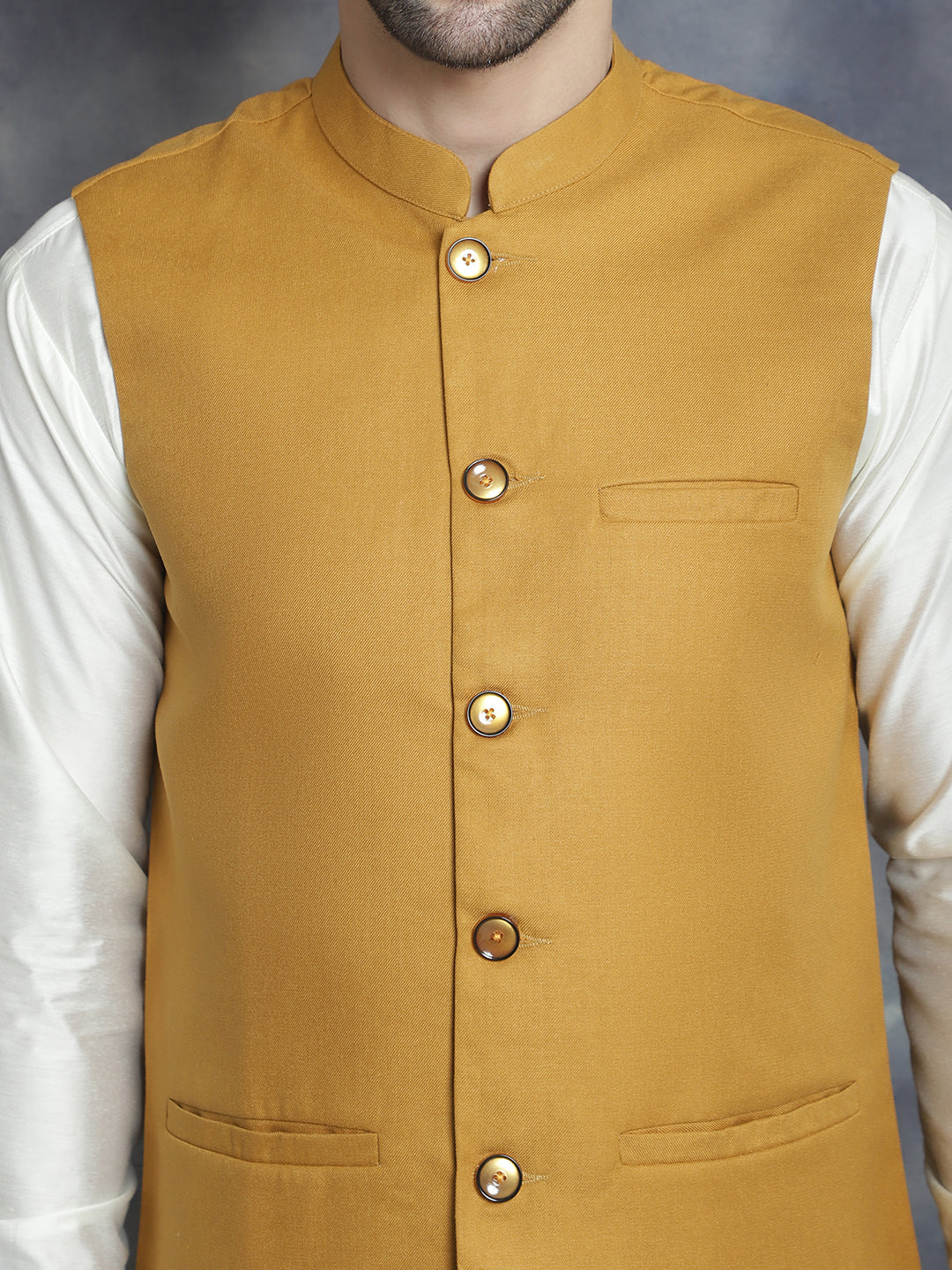 Men's Solid Nehru Jacket with White Kurta & Churidar ( JOKPWC 592W 4046Mustard )
