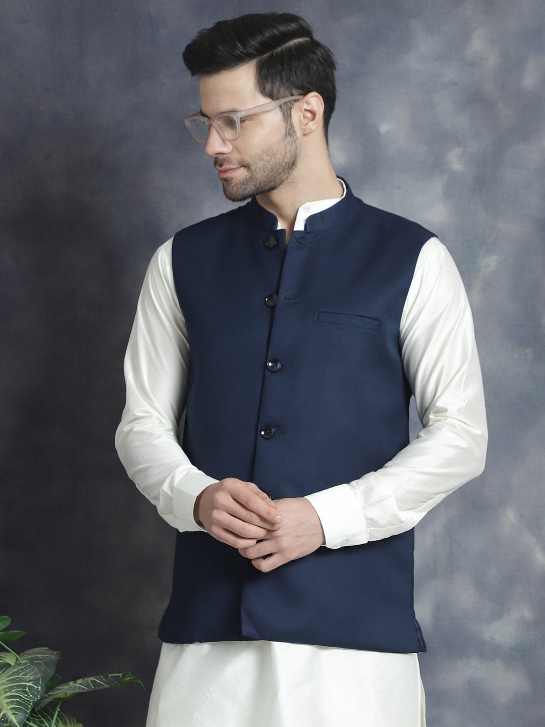 Men's Solid Nehru Jacket with White Kurta & Churidar ( JOKPWC 592W 4046Navy )