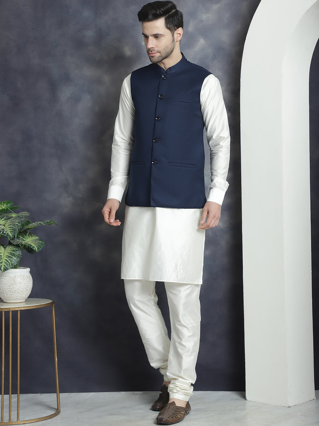 Men's Solid Nehru Jacket with White Kurta & Churidar ( JOKPWC 592W 4046Navy )