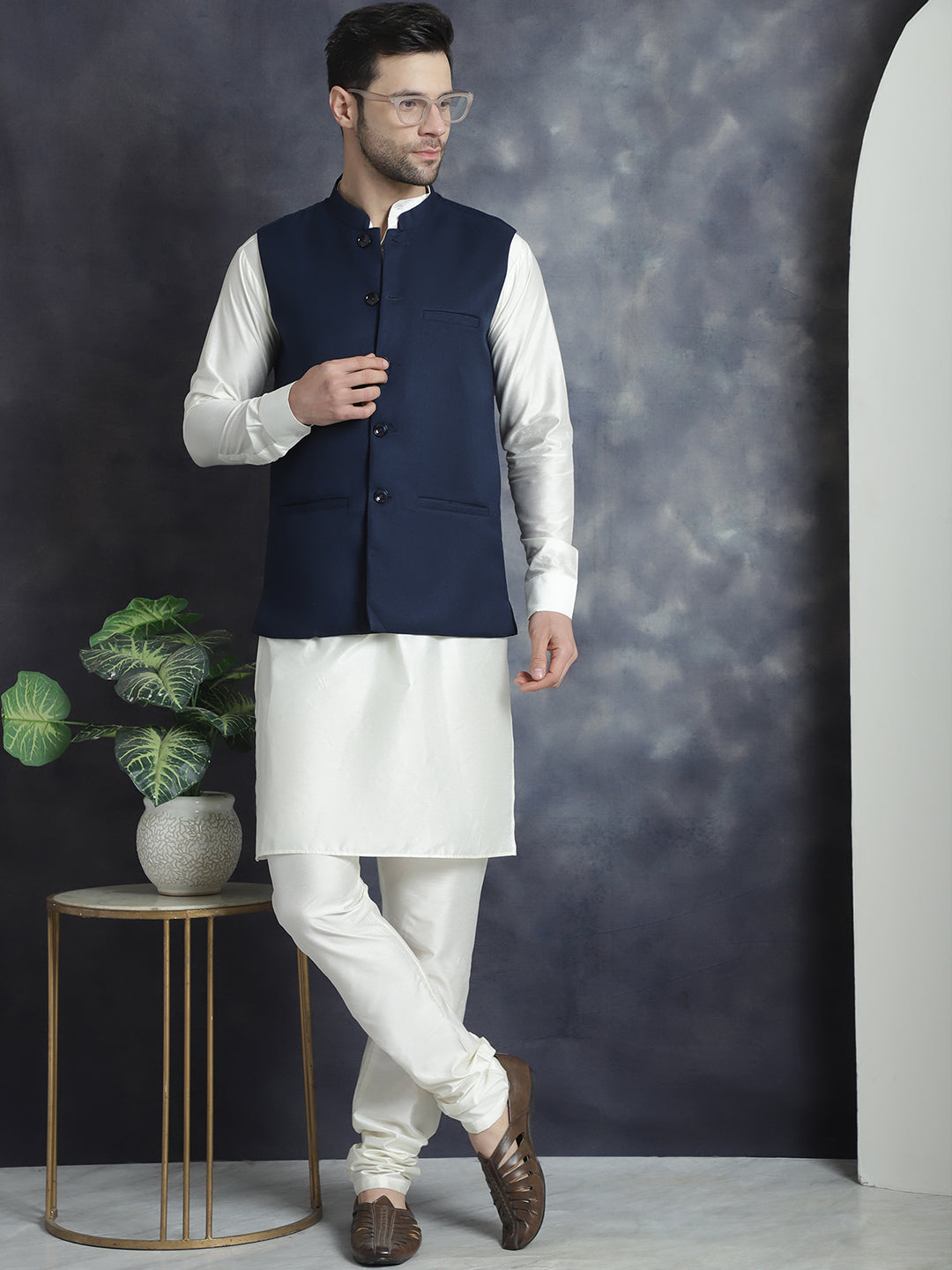 Men's Solid Nehru Jacket with White Kurta & Churidar ( JOKPWC 592W 4046Navy )
