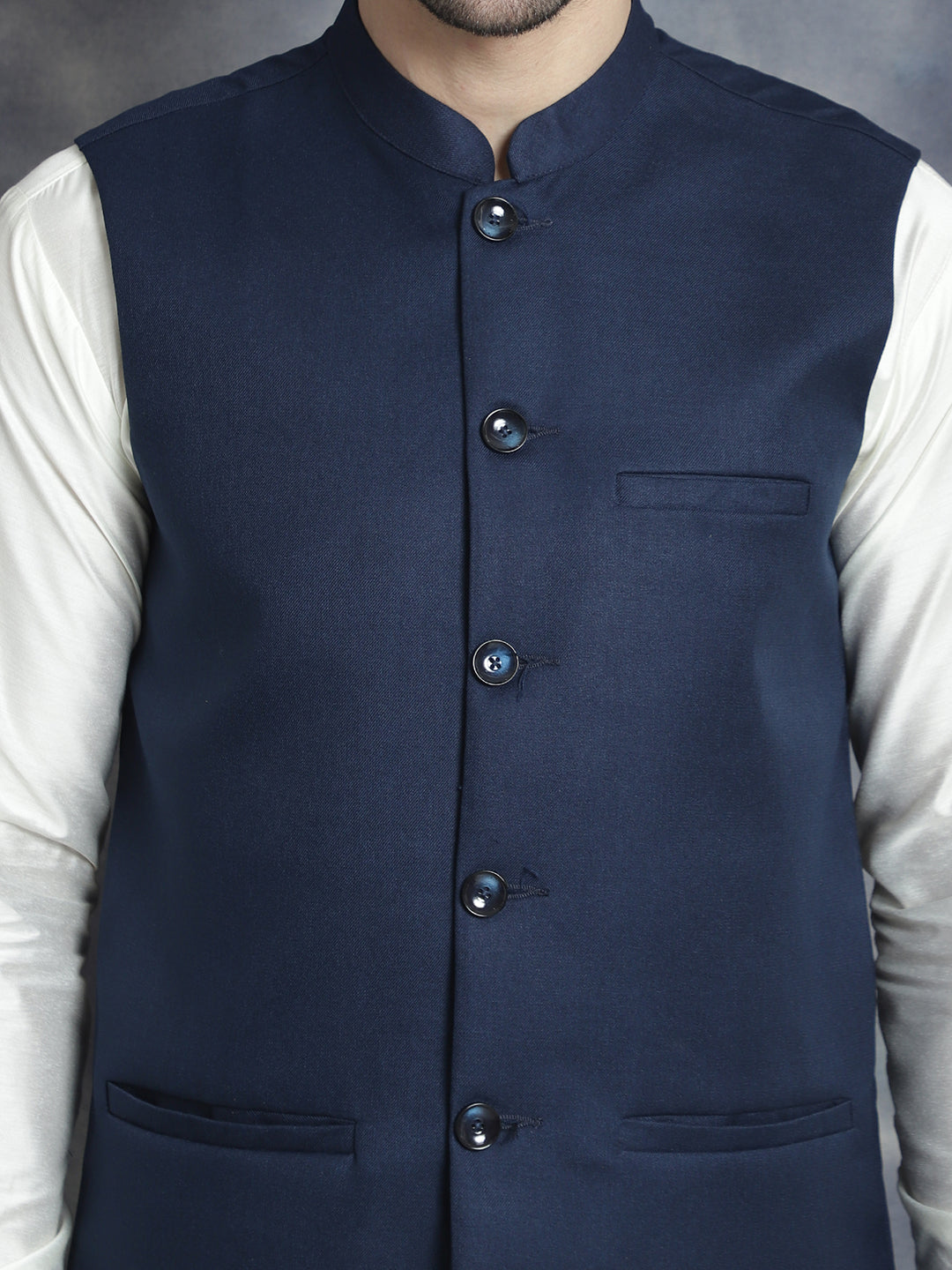 Men's Solid Nehru Jacket with White Kurta & Churidar ( JOKPWC 592W 4046Navy )