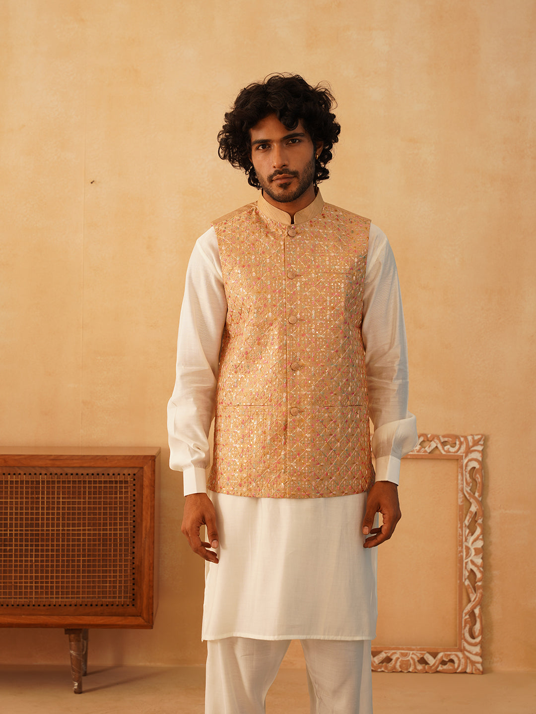 Embroidered Nehru Jacket With Solid Kurta Pyjama Set ( JOKPWC 592W 4104Brown )